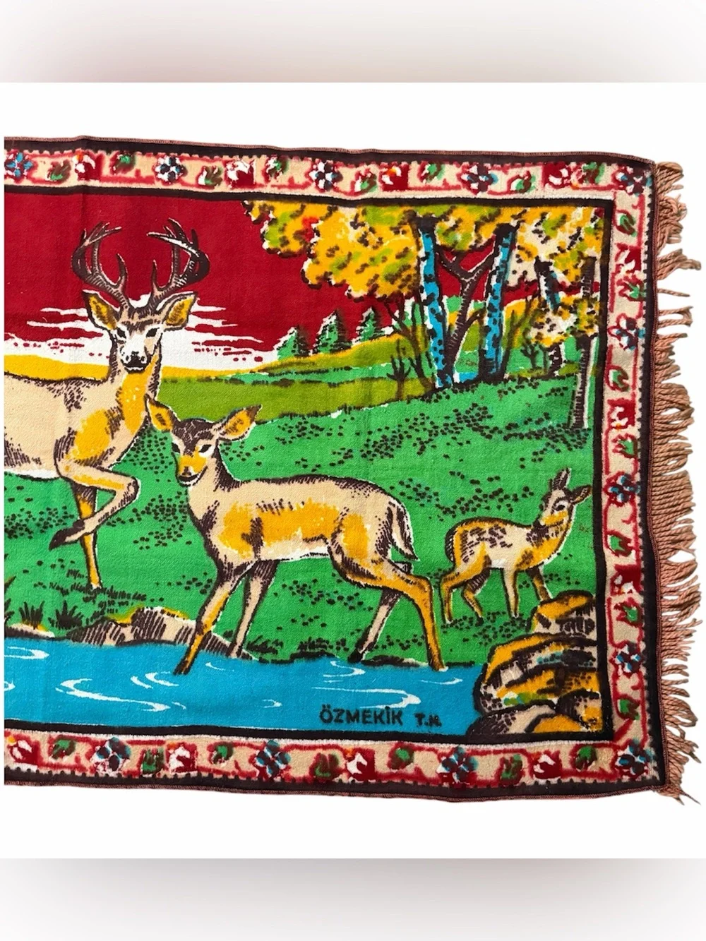 Vintage Ozmekik T.K. Deer Tapestry Wall Hanging Rug Fringe 50” x 27” Colorful